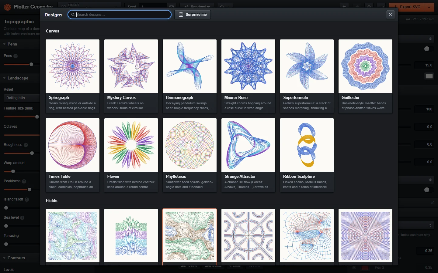 The design browser with thumbnails of curve and field designs